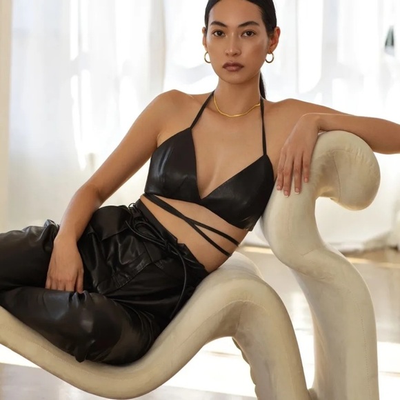Lamarque Melka 100% Leather Tie Bralette Bra Top Black M - Picture 1 of 10